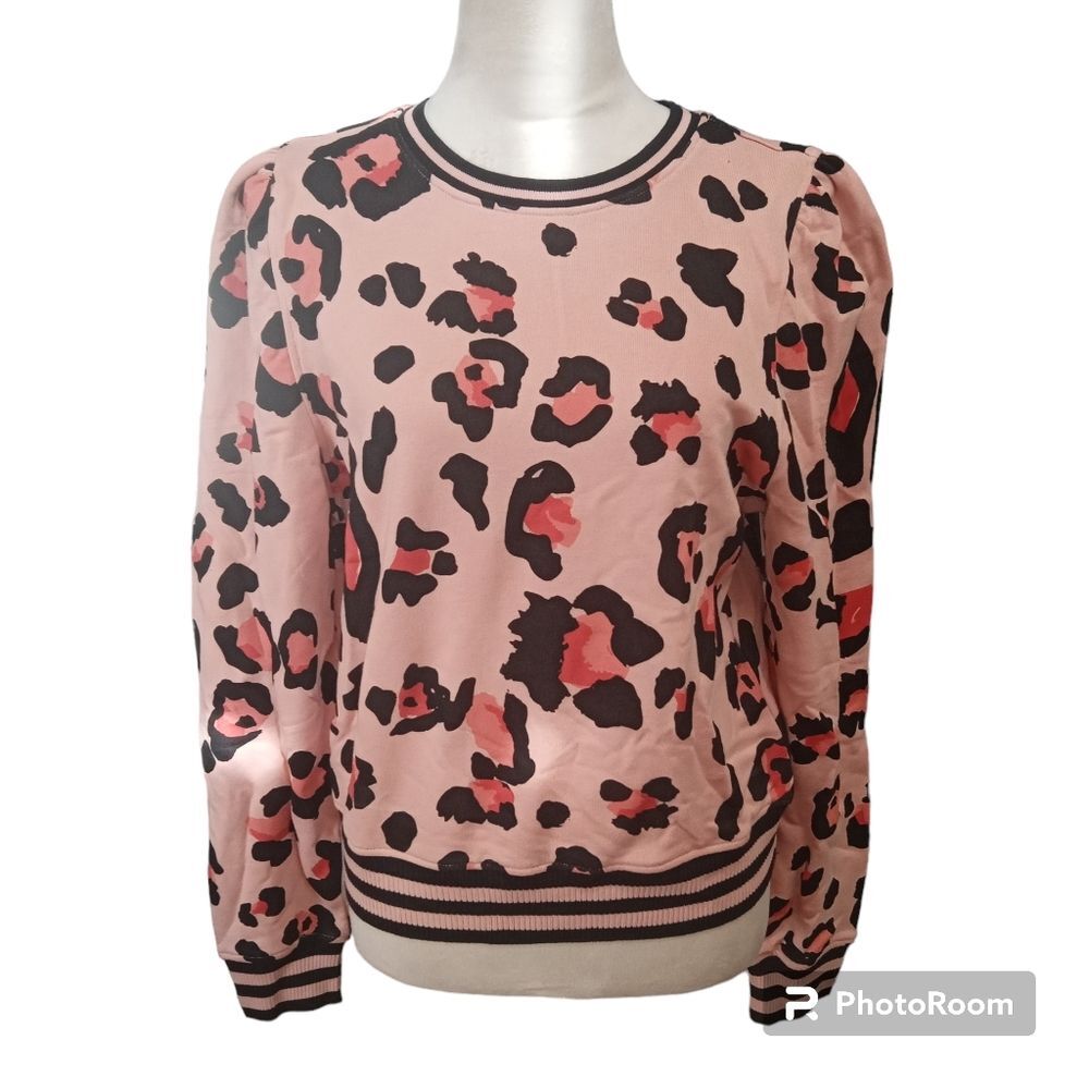 David Lerner Pink Coral Cheetah Print Puff Sleeve Varsity Sweatshirt